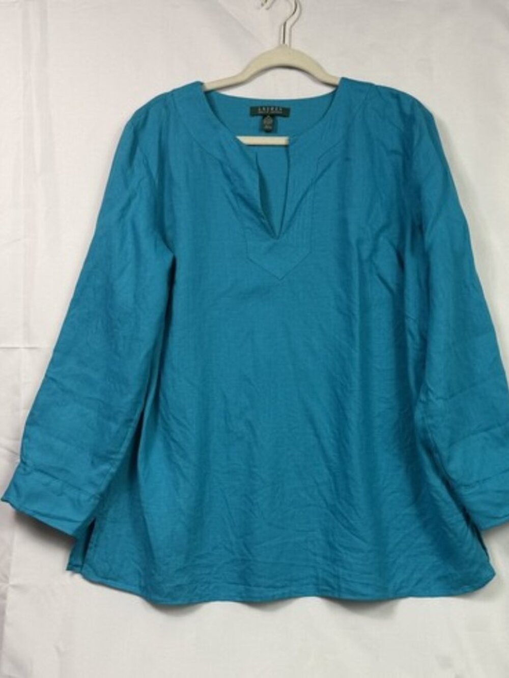 Ralph Lauren Women's 100% Linen Shirt 1X Teal Boho Lagenlook Coastal Grandma